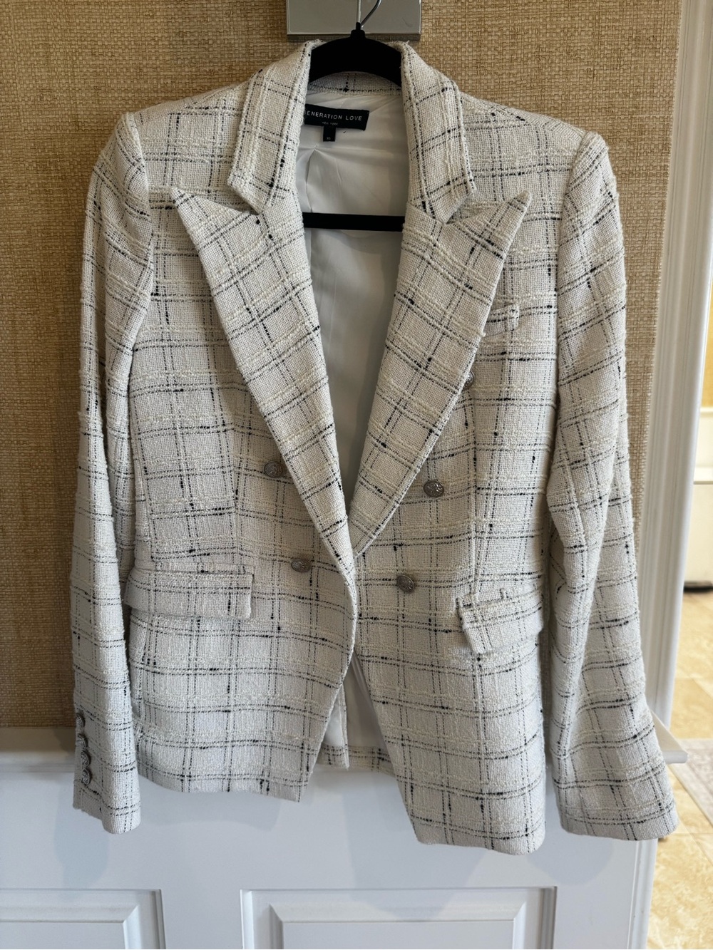 Generation Love Cream and Black Plaid Double-Breasted Tweed Blazer
